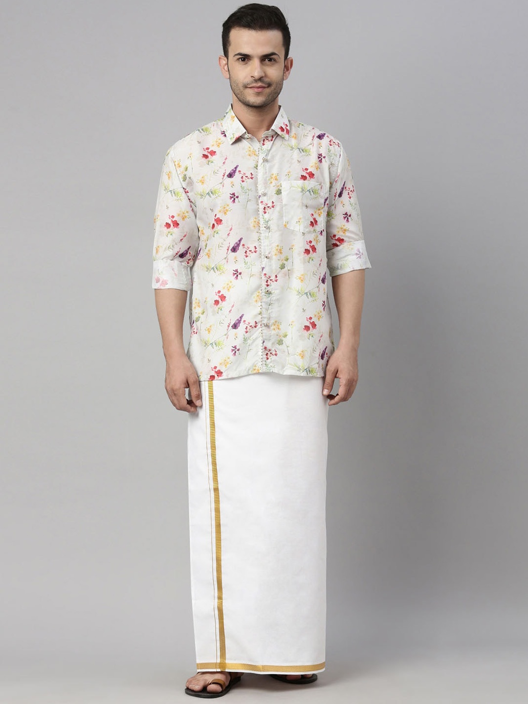 

VASTRAMAY Men Cream & White Printed Shirt with Mundu