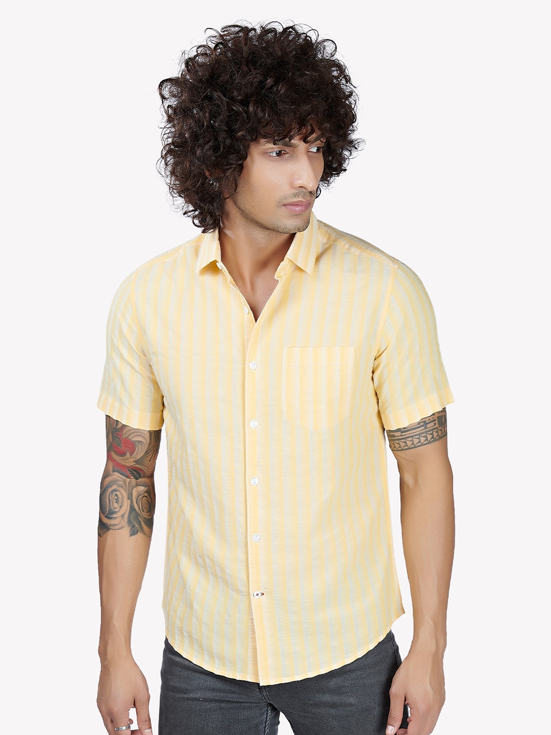 

VASTRADO Men Yellow Relaxed Striped Casual Shirt