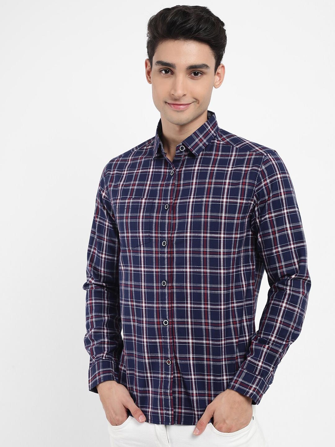 

VASTRADO Men Navy Blue Relaxed Grid Tattersall Checks Checked Casual Shirt