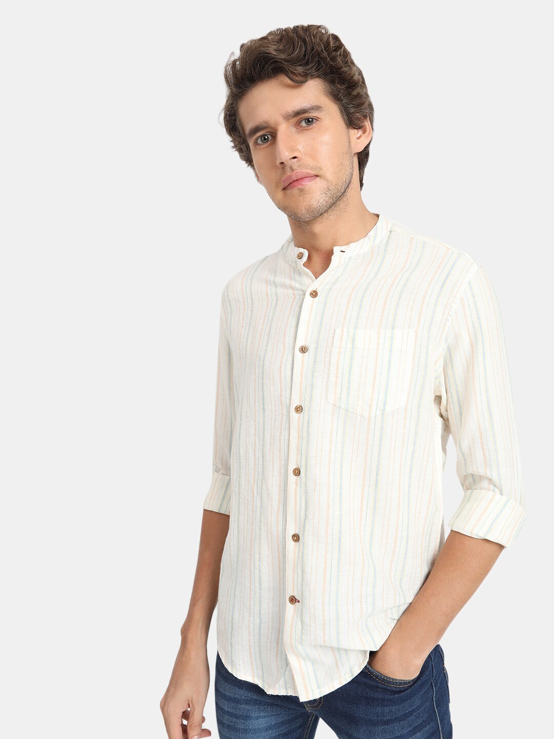 

VASTRADO Men Off-White Relaxed Striped Casual Shirt
