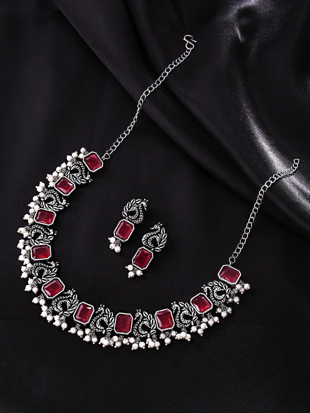 

Yellow Chimes Oxidised Silver-Plated Pink Crystal-Studded & Beaded Jewellery Set