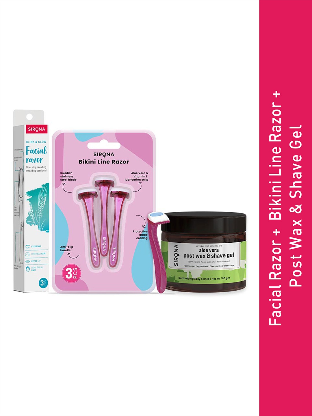 

Sirona Set Of 3 Bikini Line Razors & Post Shave Gel - 100 gm, Pink