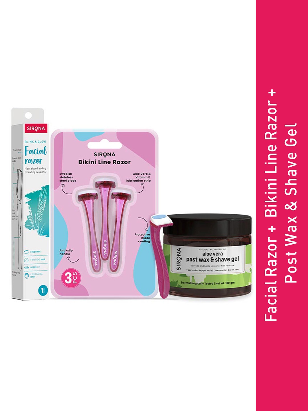 

Sirona Set Of 4 Razors & Post Shave Gel 100gm, Pink