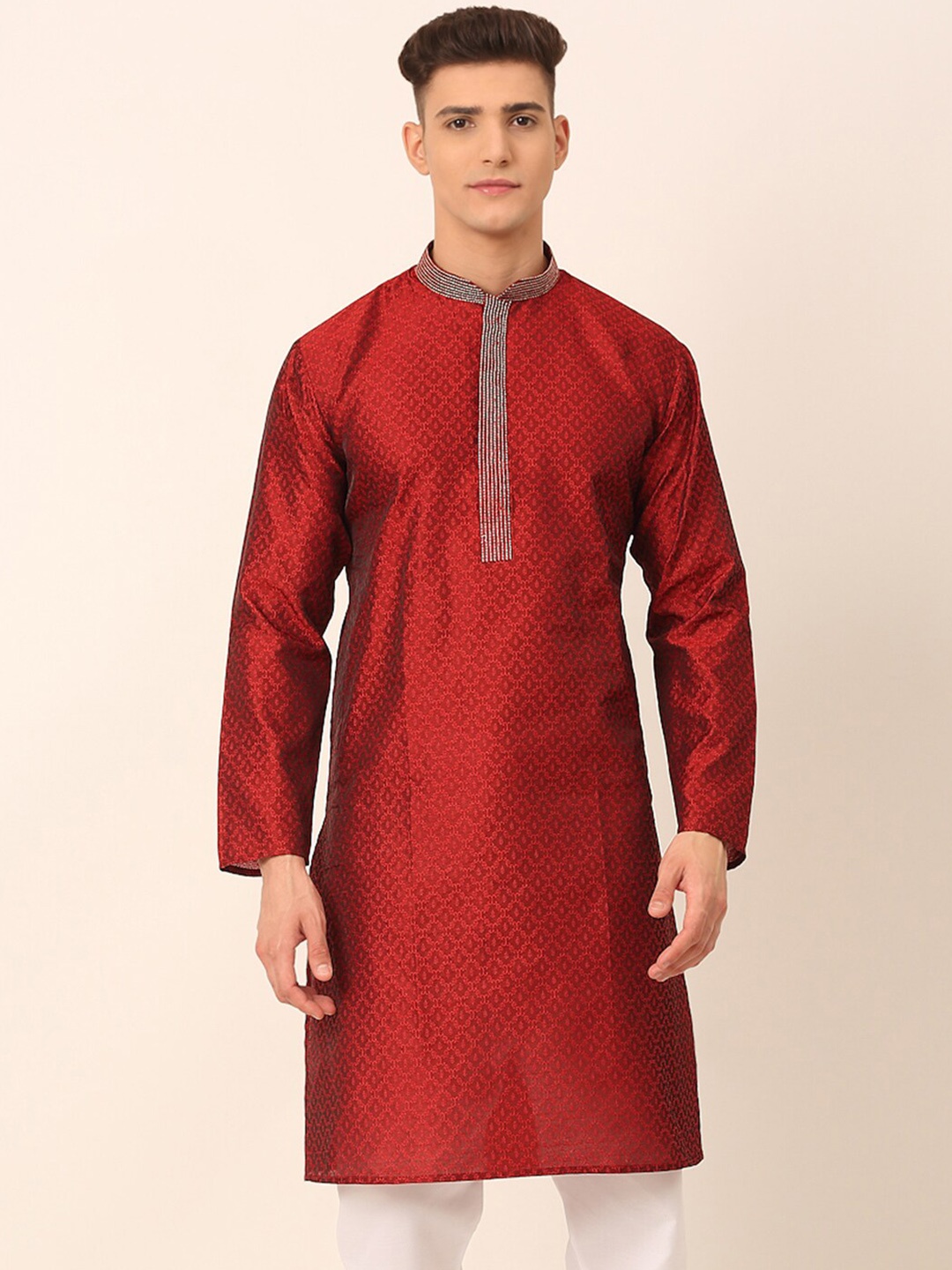 

Jompers Men Maroon Woven Design Kurta