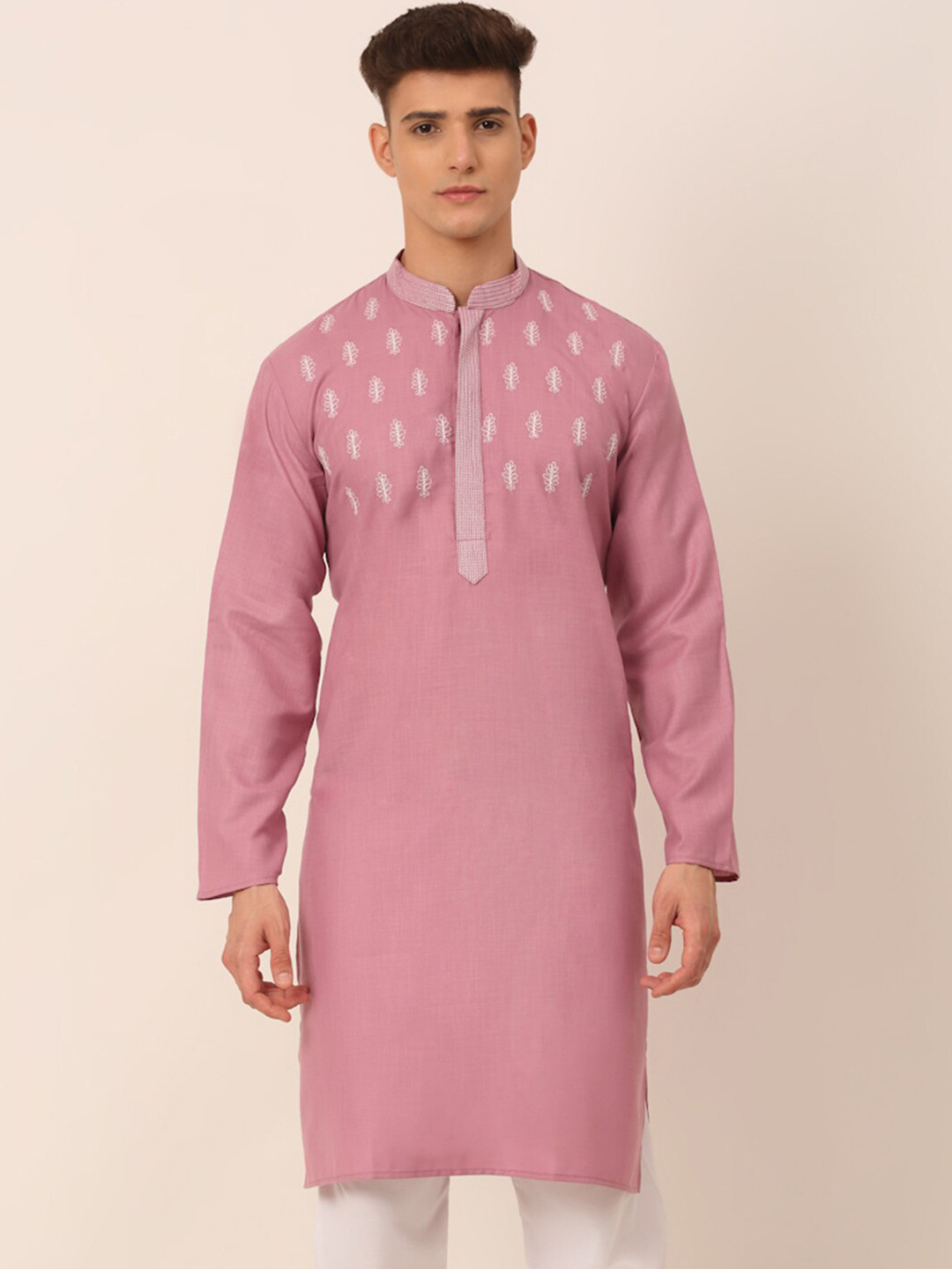 

Jompers Men Pink & White Floral Yoke Design Pure Cotton Thread Work Kurta