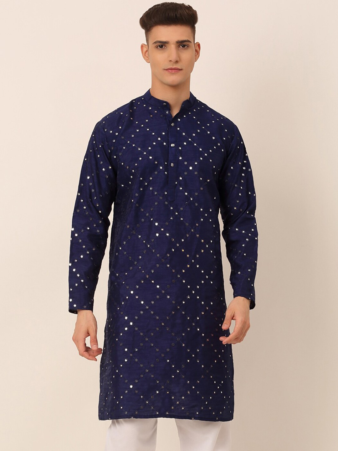 

Jompers Men Navy Blue Geometric Embroidered Mirror Work Kurta