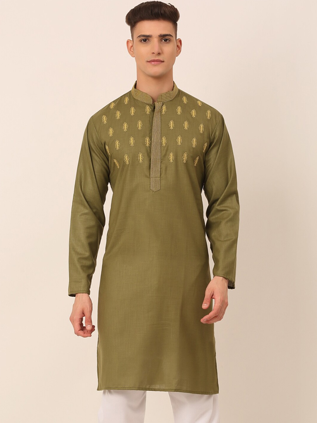 

Jompers Men's Olive Green Embroidered Thread Work Kurta