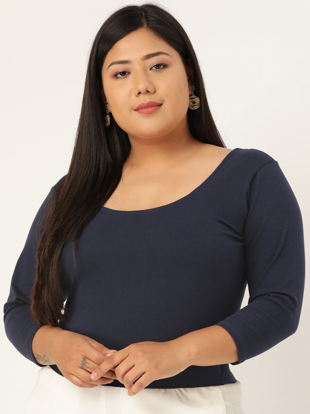 

theRebelinme Women Navy Blue Round Neck Crop Top