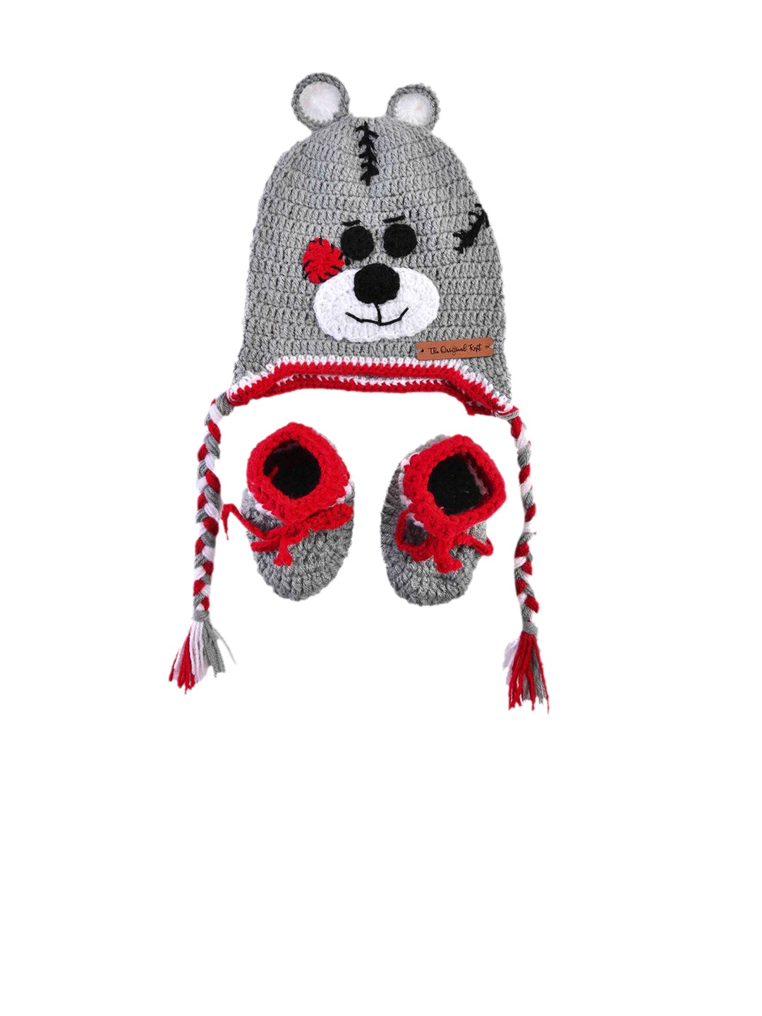

The Original Knit Unisex Kids Grey & Red Beanie With Booties