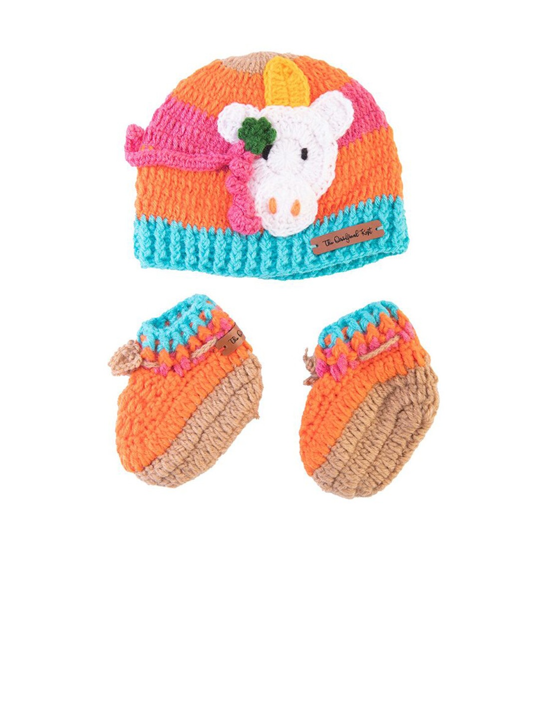 

The Original Knit Kids Orange & Blue Acrylic Cow Embellished Cap With Booties