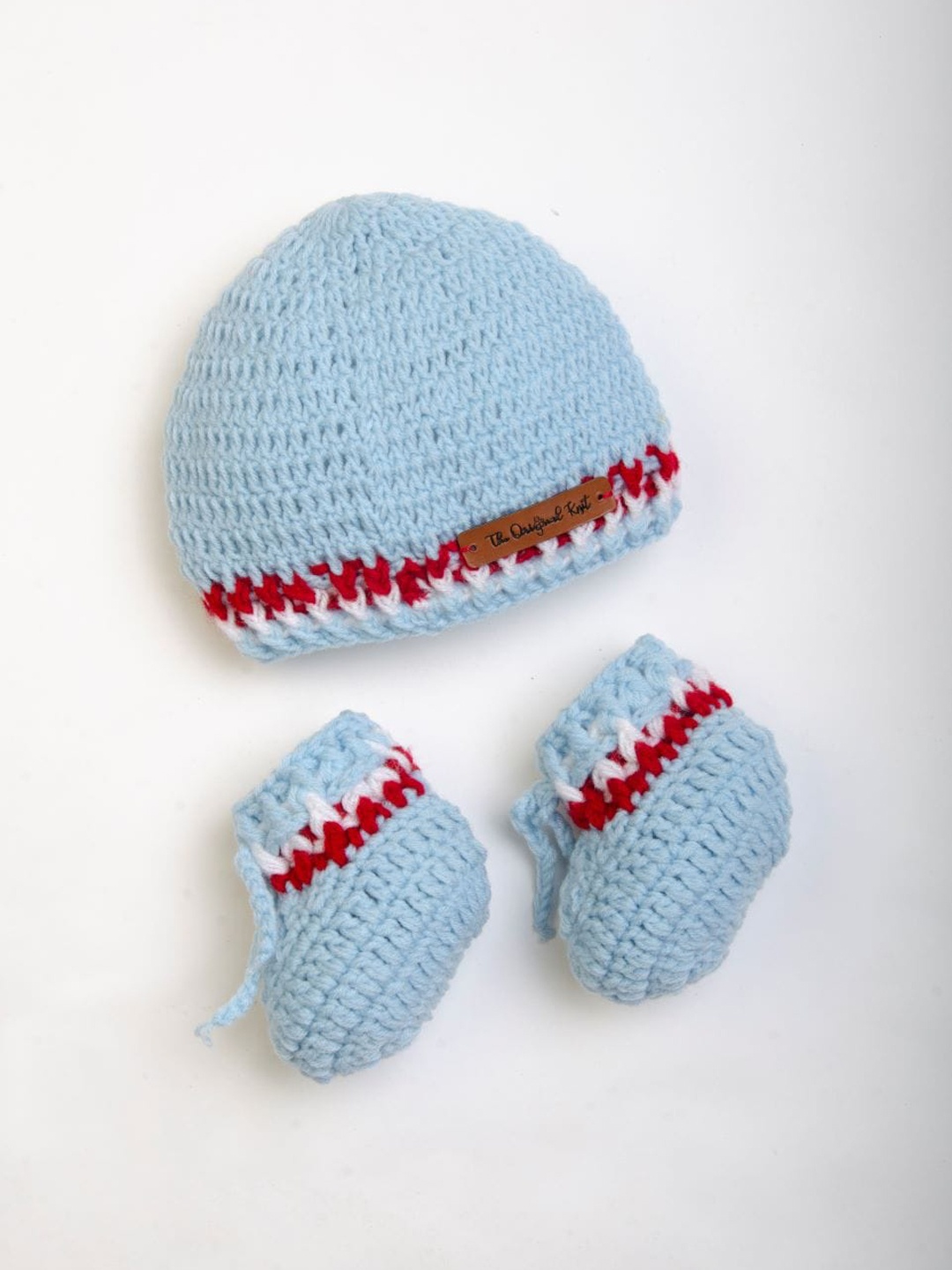 

The Original Knit Kids Ice Blue & Red Handmade Cap With Booties