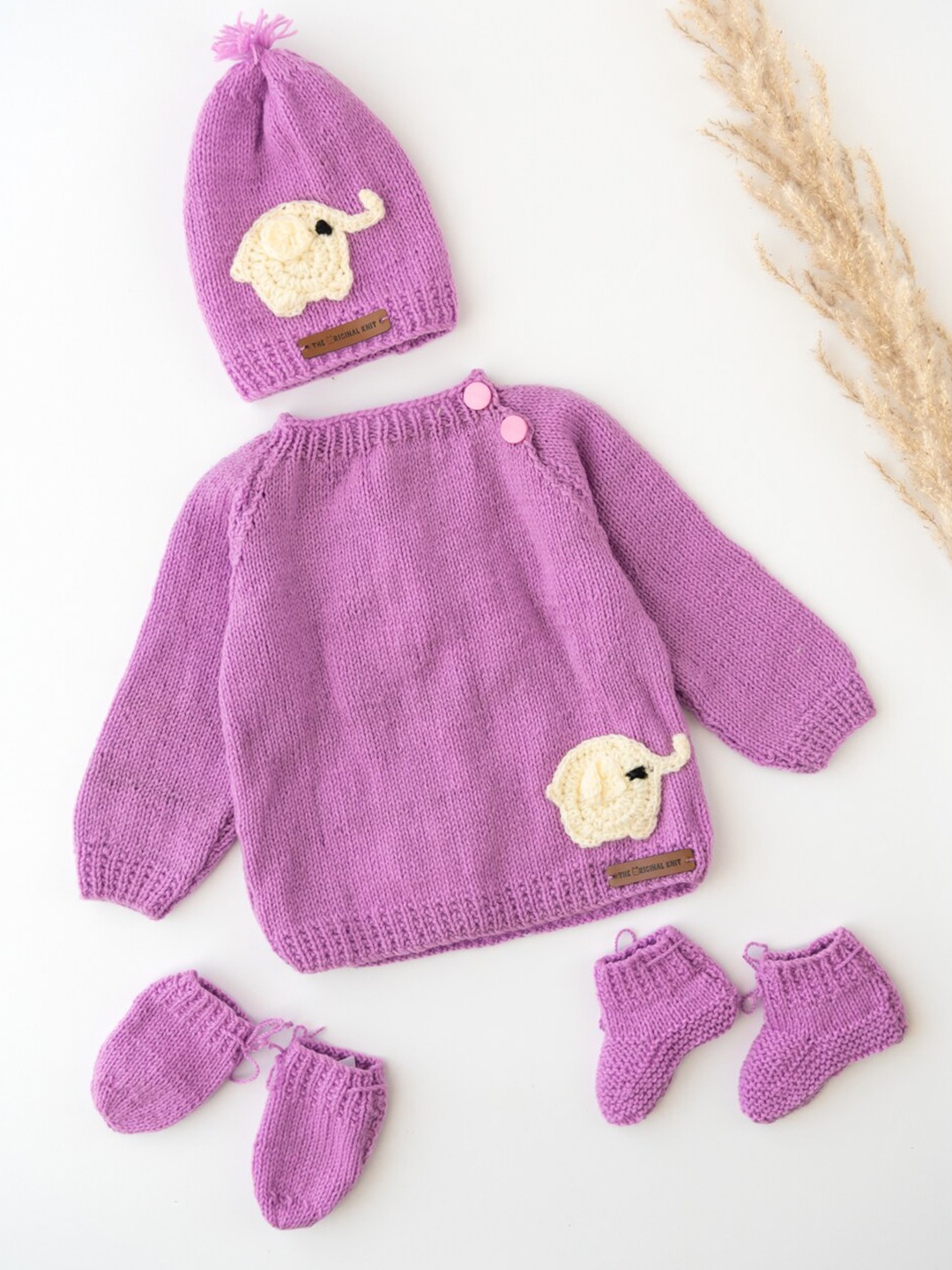 

The Original Knit Kids Set of 4 Lavender Elephant Applique Acrylic Sweater Set