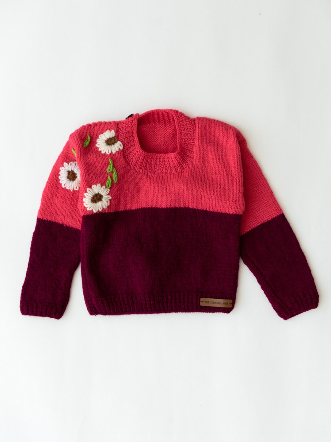 

The Original Knit Girls Magenta & Maroon Colourblocked Embroidered Sweater