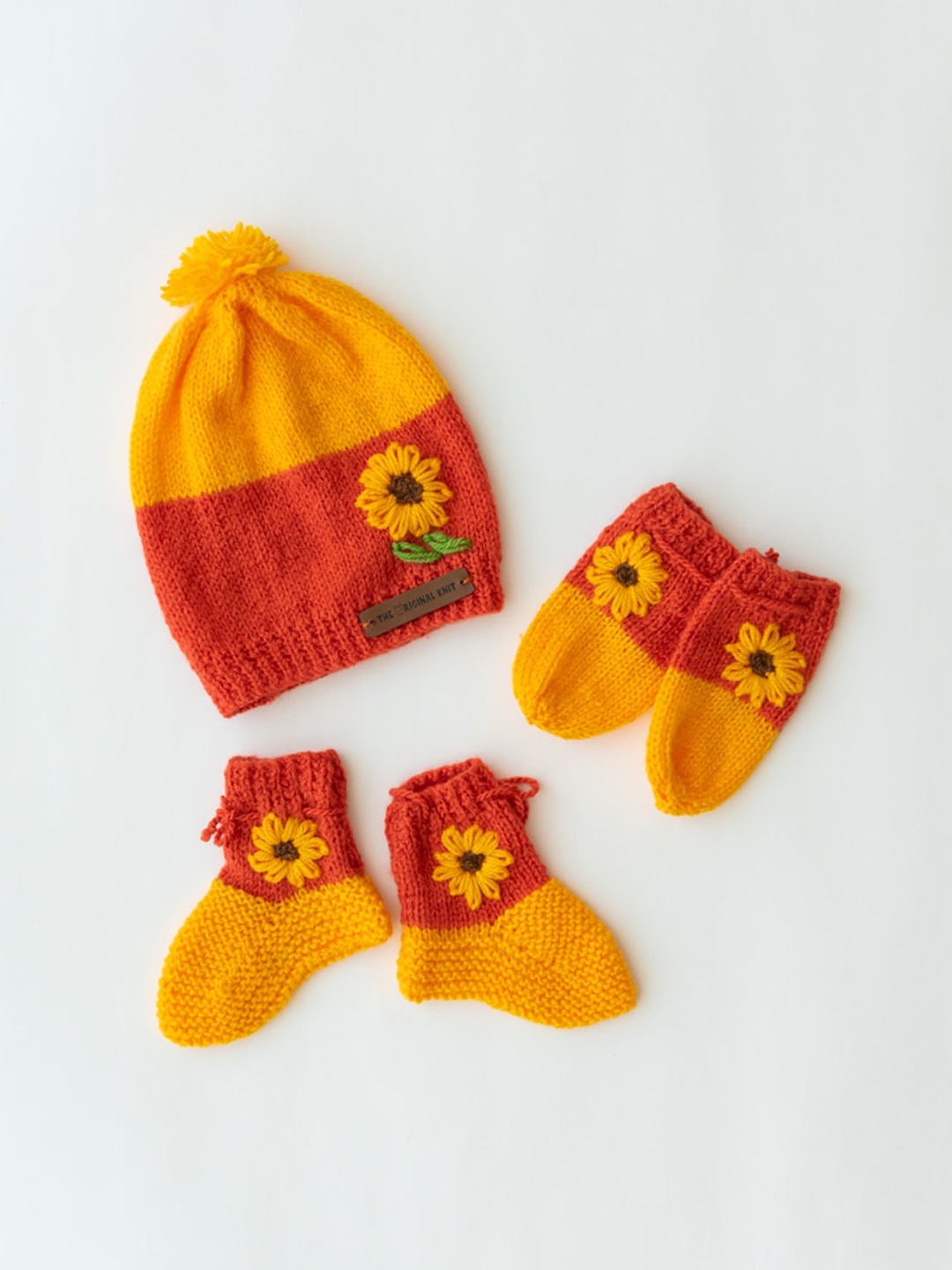 

The Original Knit Girls Orange & Yellow Embroidered Beanie With Socks & Mittens