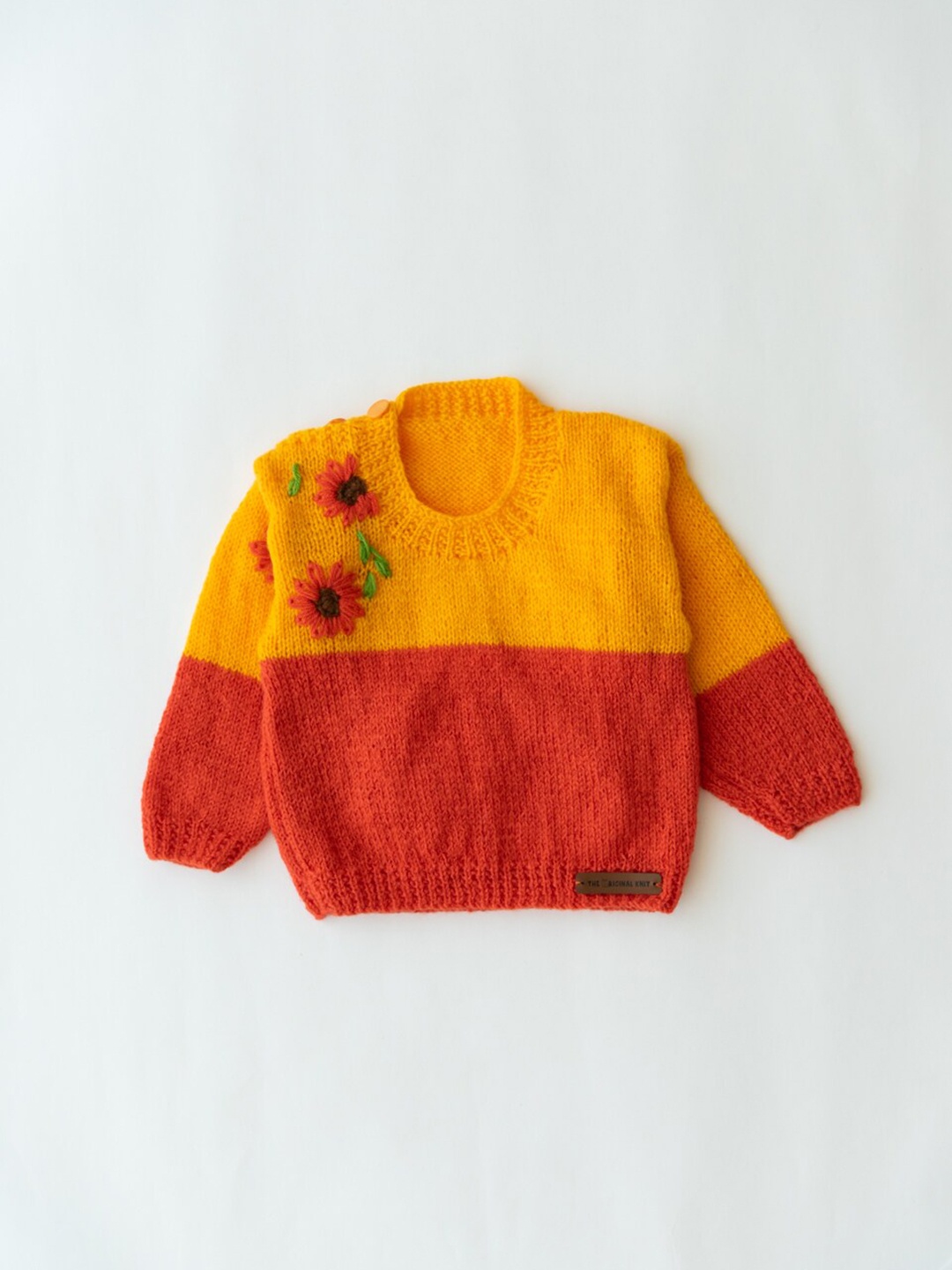

The Original Knit Girls Yellow & Orange Colourblocked Embroidered Pullover