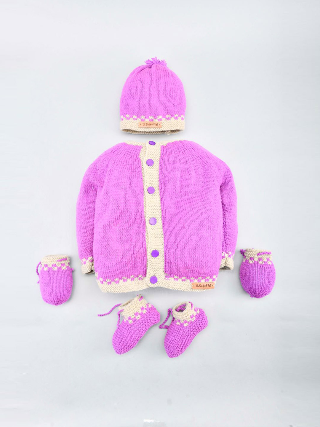 

The Original Knit Kids Set Of 4 Purple Acrylic Sweater with Beanie, Mittens & Socks