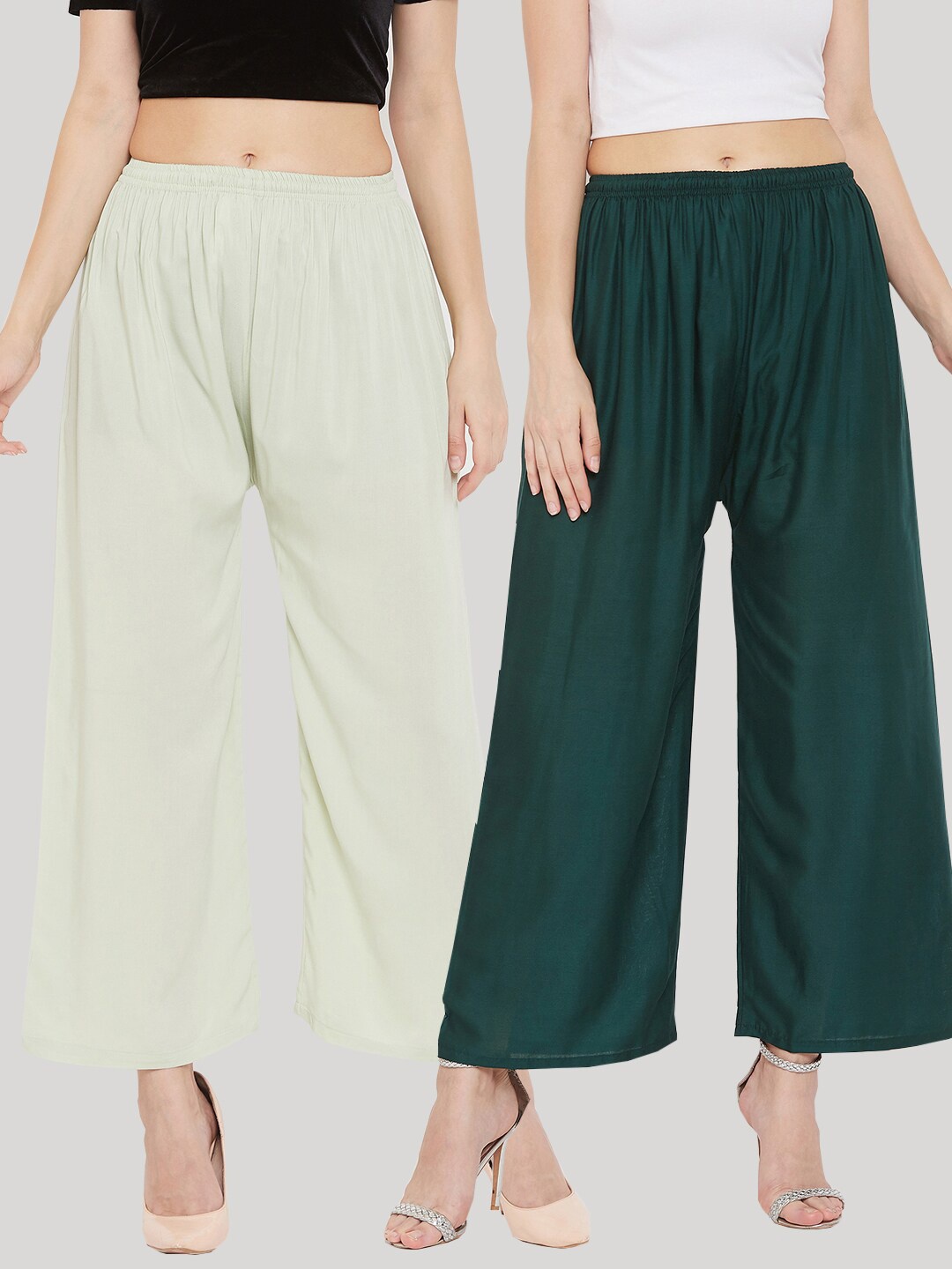 

Clora Creation Women Set Of 2 White & Green Palazzos