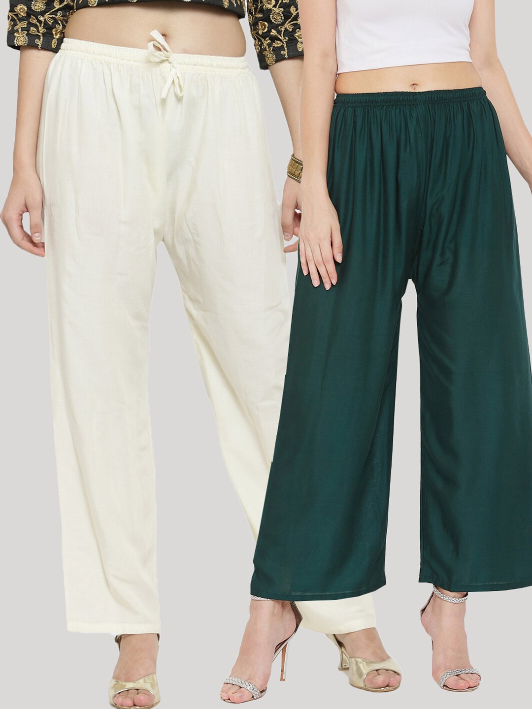 

Clora Creation Women Green & Off White Pack Of 2 Ethnic Palazzos