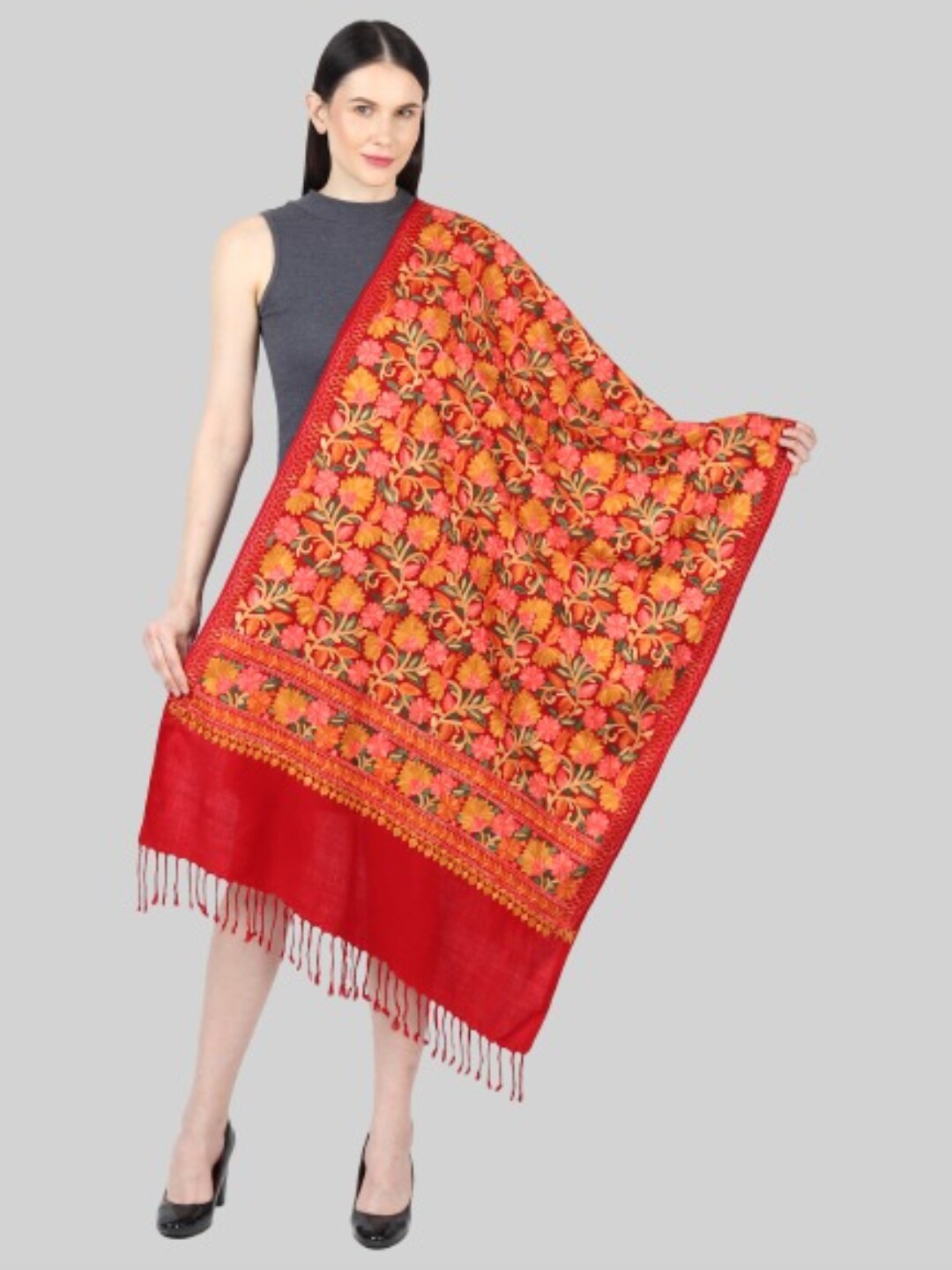 

MUFFLY Women Maroon & Orange Embroidered Stole