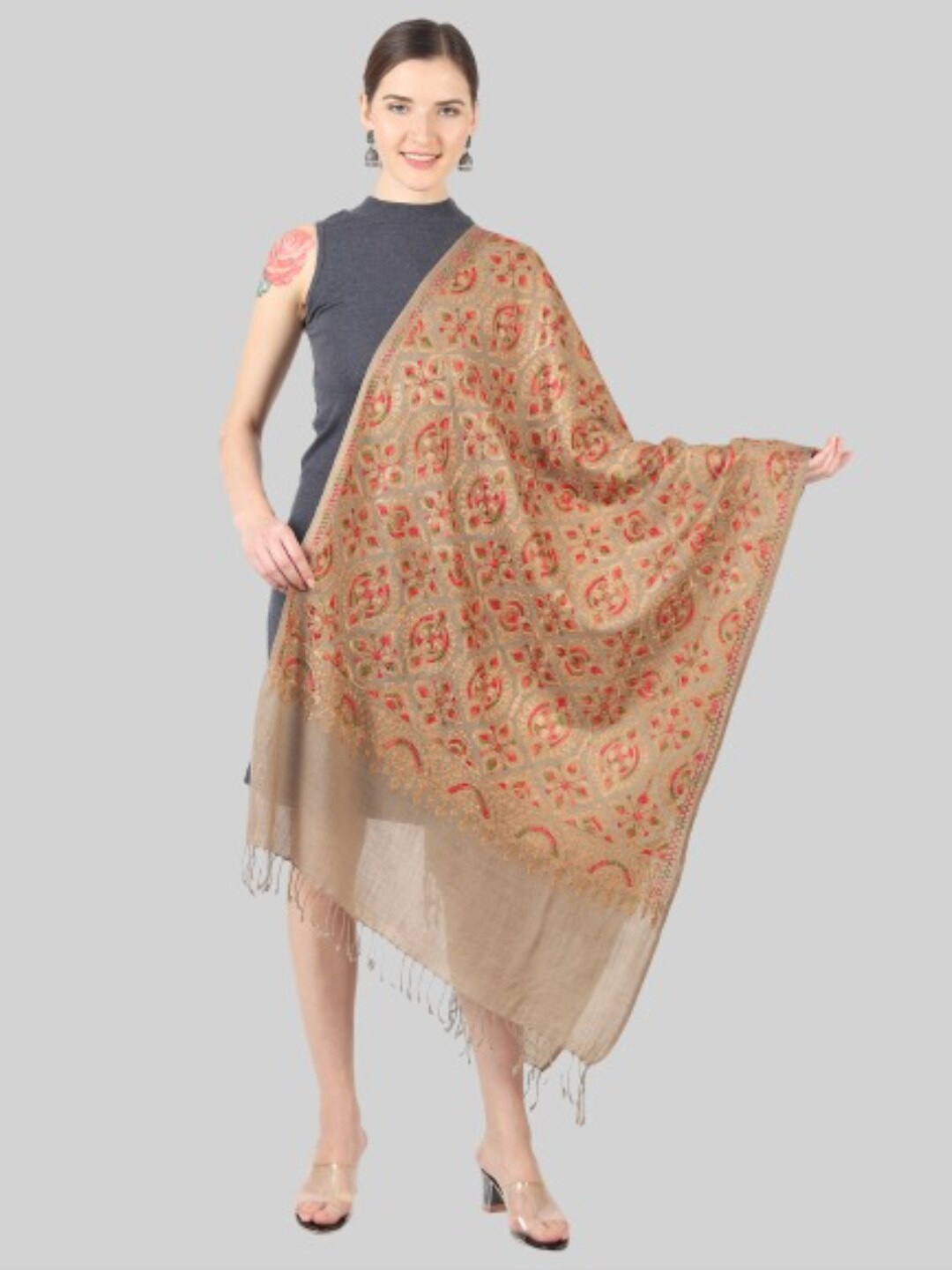 

MUFFLY Women Brown & Pink Embroidered Stole
