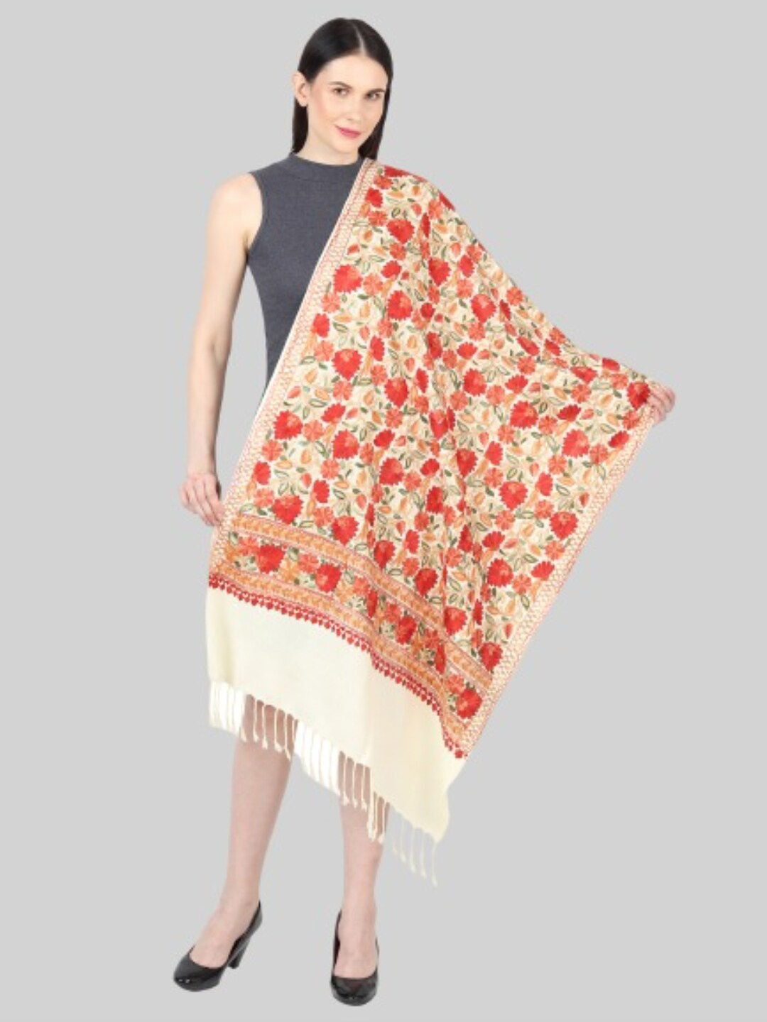 

MUFFLY Women White & Red Embroidered Stole