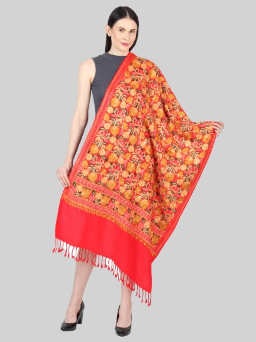 

MUFFLY Women Red & Mustard women Embroidered Stole