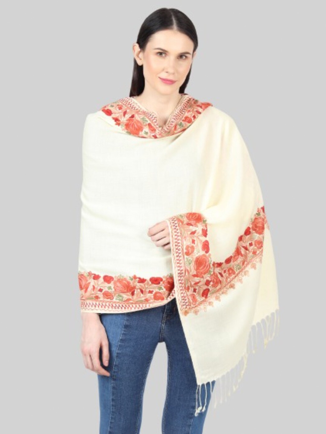 

MUFFLY Women Off White & Red Embroidered Stole