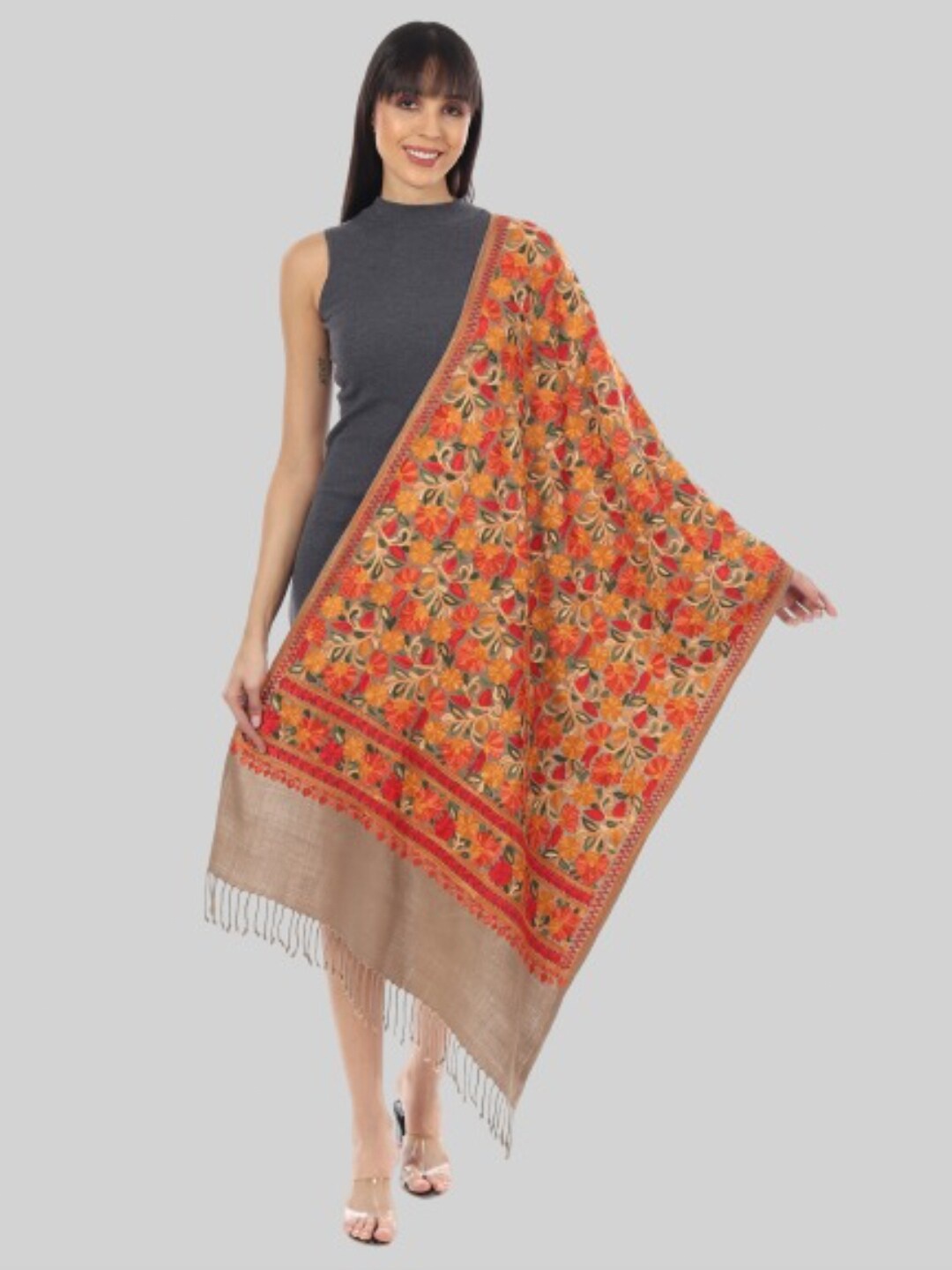 

MUFFLY Women Beige & Red Embroidered Stole