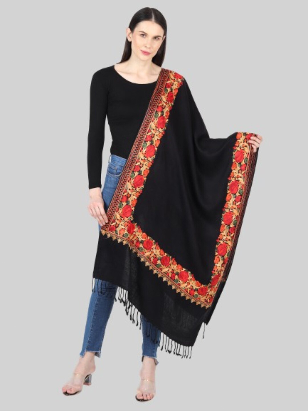 

MUFFLY Women Black & Red Embroidered Stole