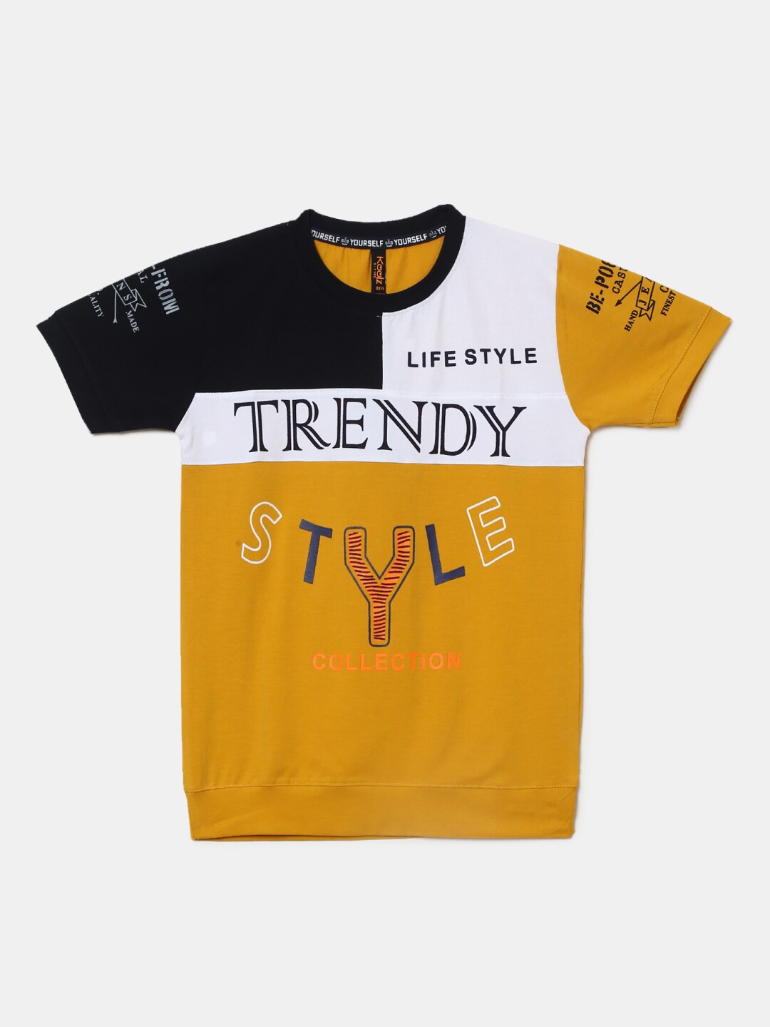 

V-Mart Boys Mustard Yellow Typography Colourblocked T-shirt