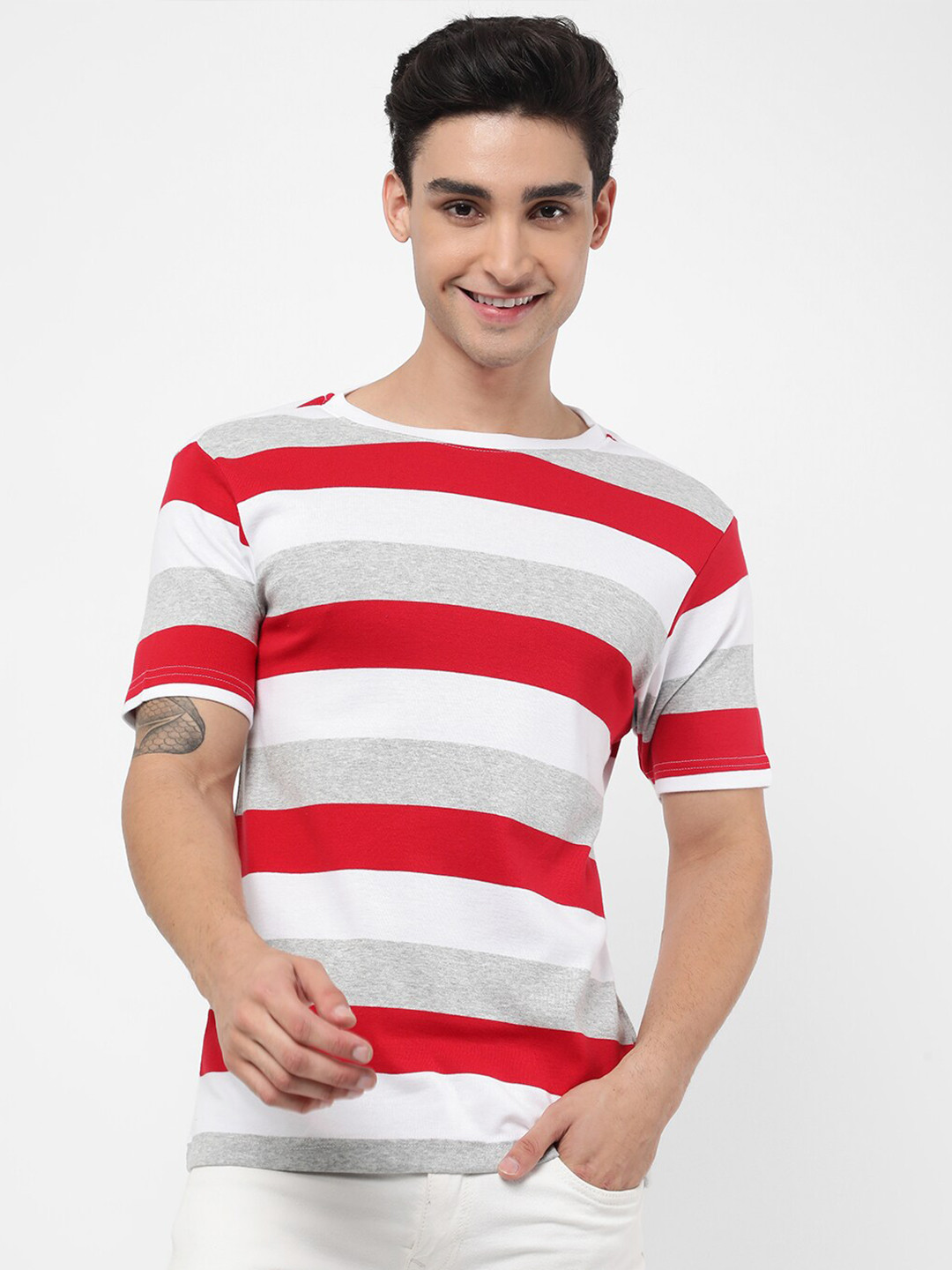 

VASTRADO Men Red & White Colourblocked T-shirt
