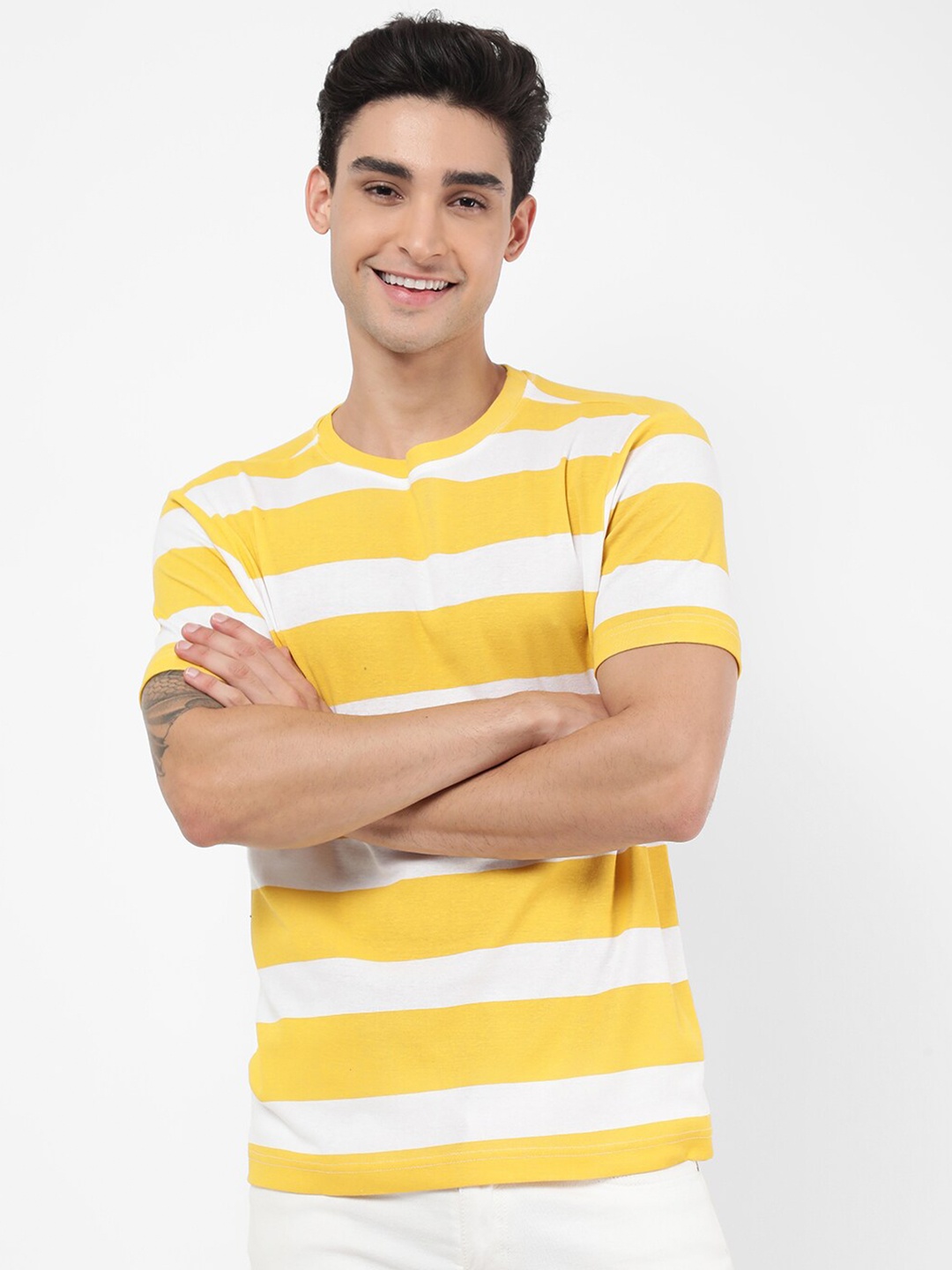 

VASTRADO Men Yellow & White Striped Cotton T-shirt