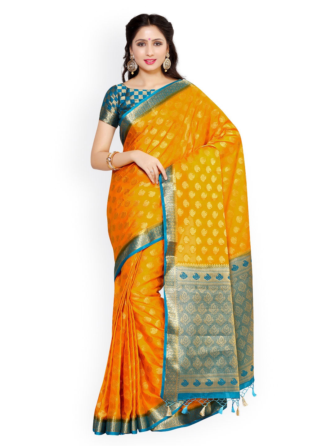 

MIMOSA Orange & Blue Poly Chiffon Solid Banarasi Traditional Saree