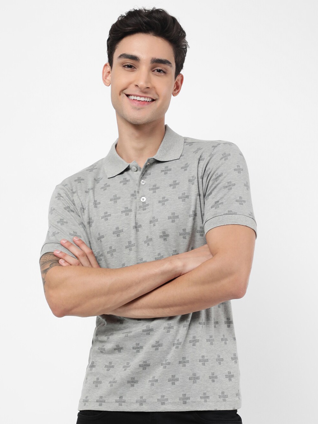 

VASTRADO Men Grey Printed Polo Collar T-shirt