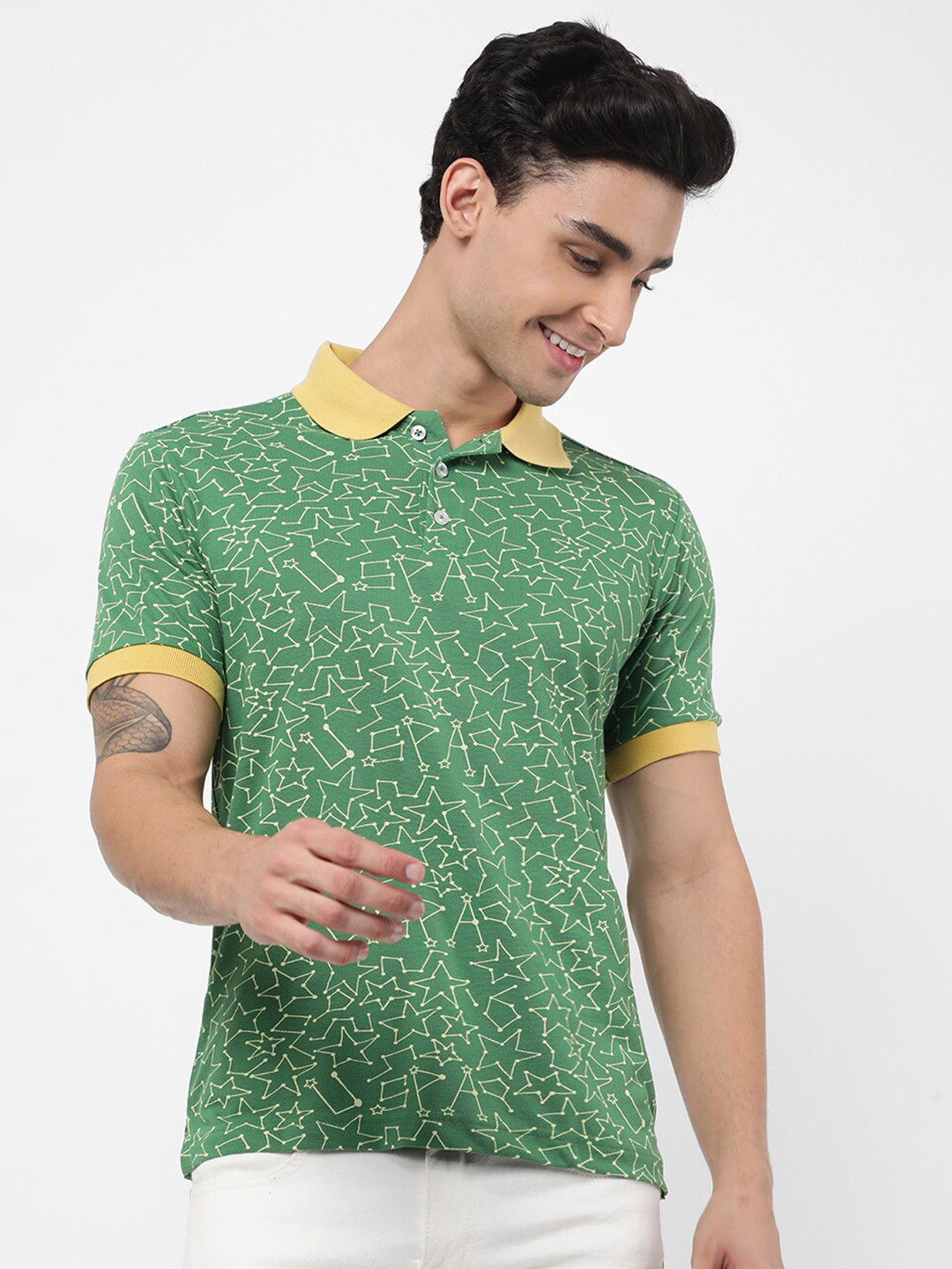

VASTRADO Men Green Printed Polo Collar Extended Sleeves T-shirt
