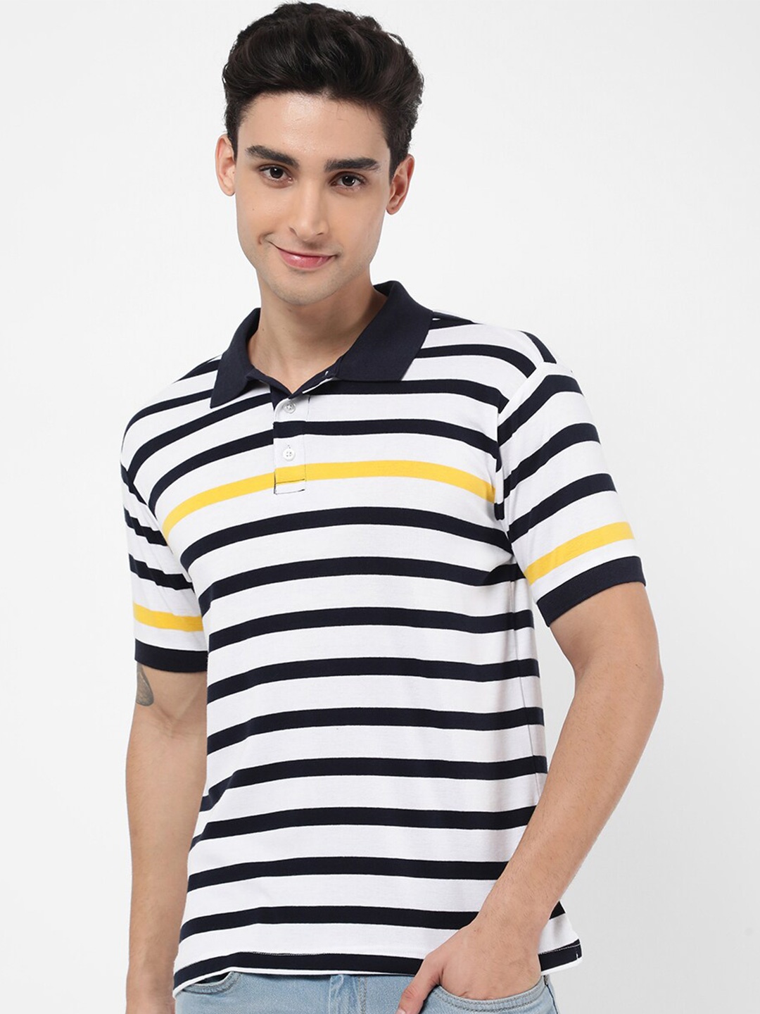 

VASTRADO Men White and Navy Blue Striped Polo Collar T-shirt