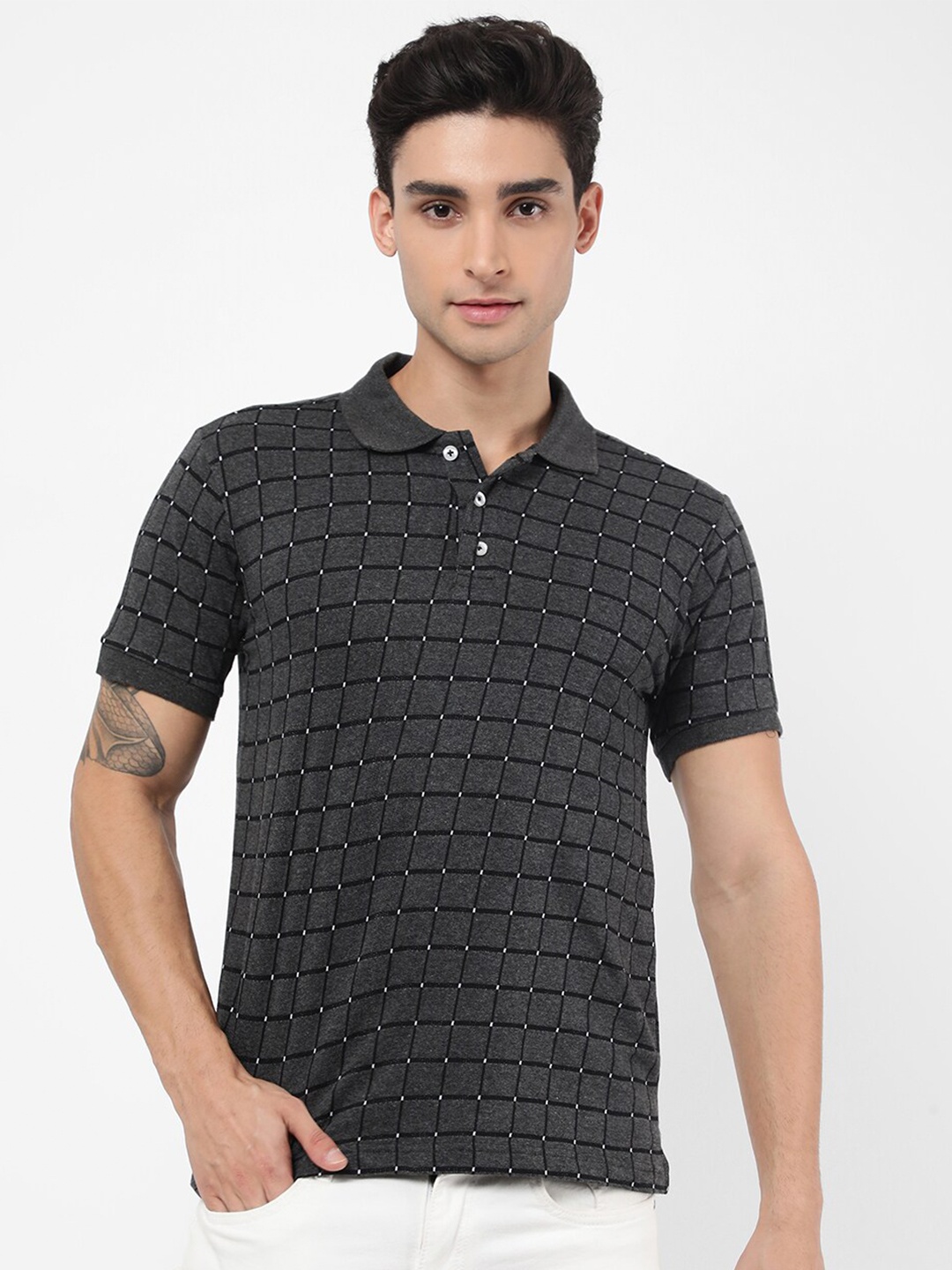 

VASTRADO Men Charcoal Self Design Polo Collar T-shirt