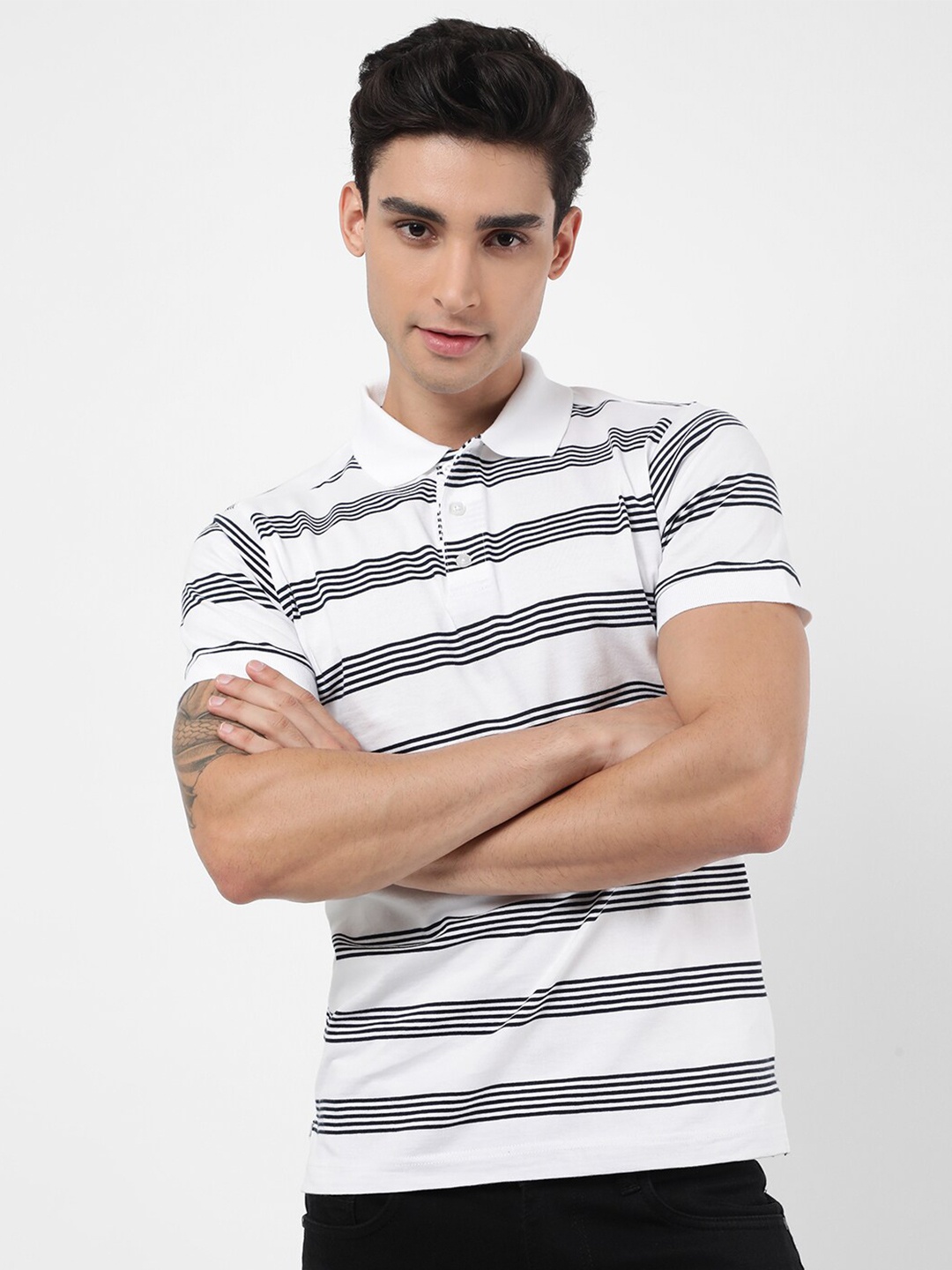 

VASTRADO Men White Striped Polo Collar T-shirt