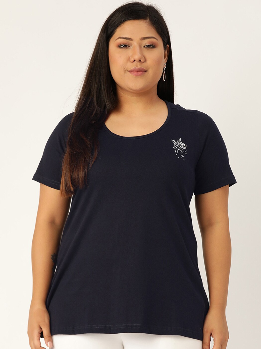 

theRebelinme Plus SIze Women Navy Blue Cotton T-shirt