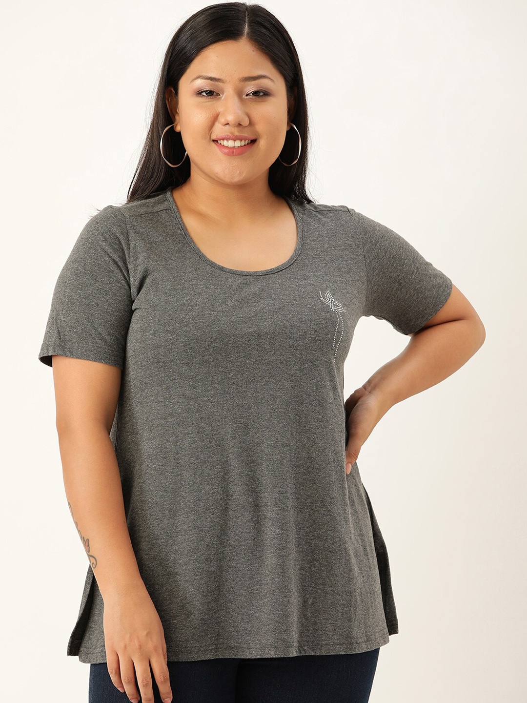 

theRebelinme Women Charcoal Round Neck Cotton Short Sleeves Plus Size T-shirt