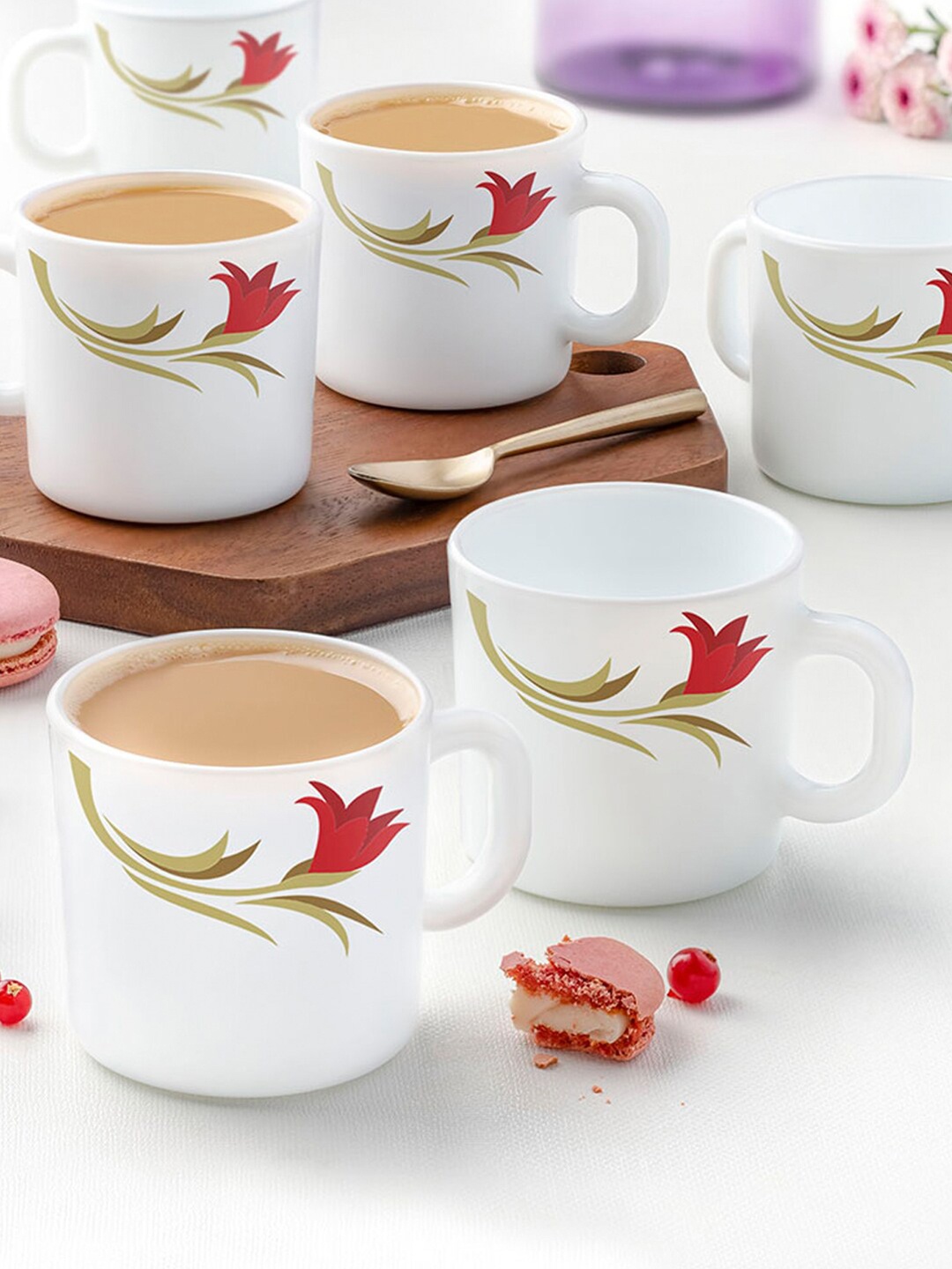

Larah by BOROSIL White & Red Floral Printed Opalware Matte Mugs Set of Cups and Mugs