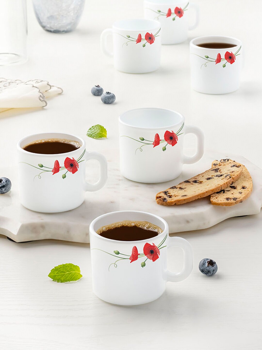 

Larah by BOROSIL White & Red Printed Opalware Glossy Mugs Set of Cups and Mugs