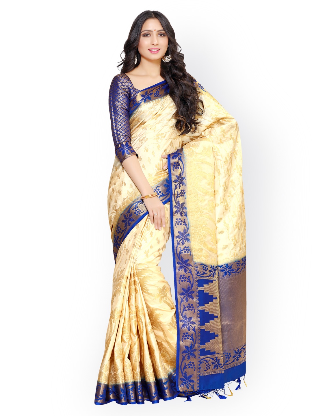 

MIMOSA Cream-Coloured & Blue Art Silk Woven Design Kanjeevaram Saree
