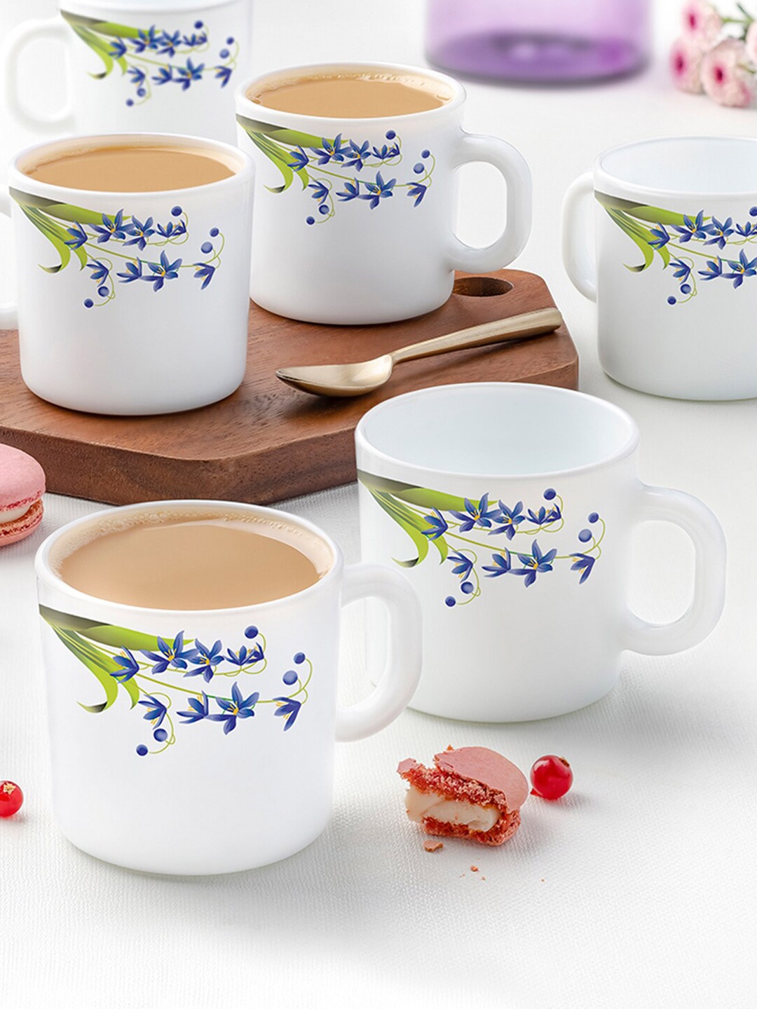 

Larah by BOROSIL Set of 6 White & Blue Printed Opalware Glossy Cups