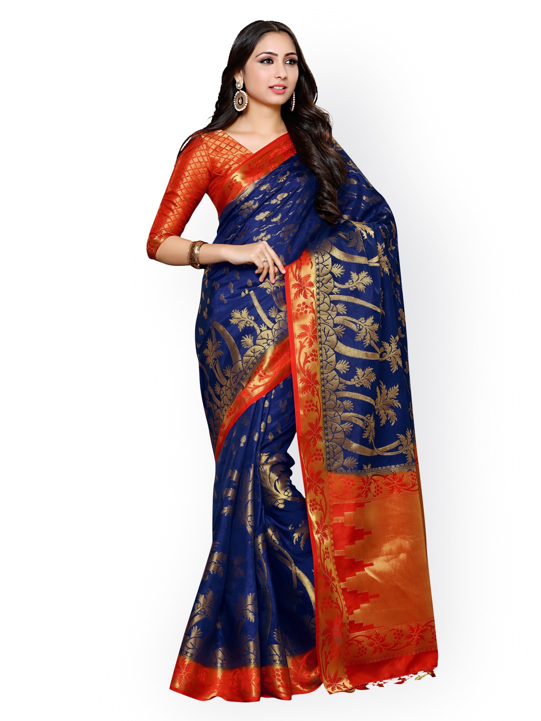 

MIMOSA Navy & Red Art Silk Woven Design Kanjeevaram Saree, Navy blue