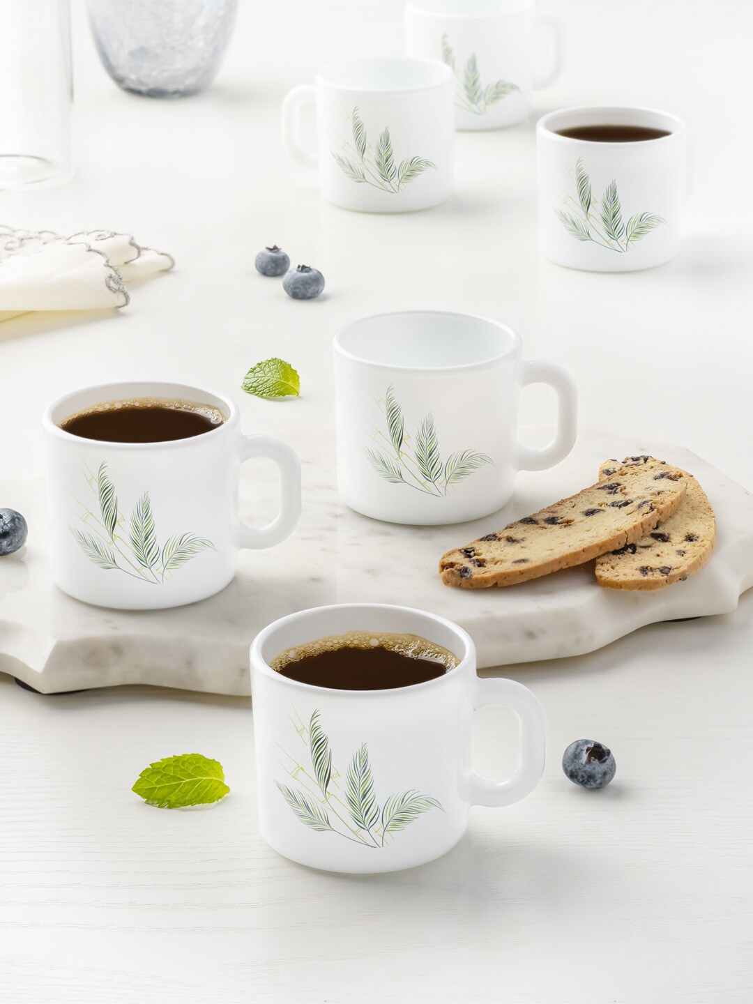 

Larah by BOROSIL White & Green Printed Opalware Glossy Mugs Set of 6 Cups and Mugs