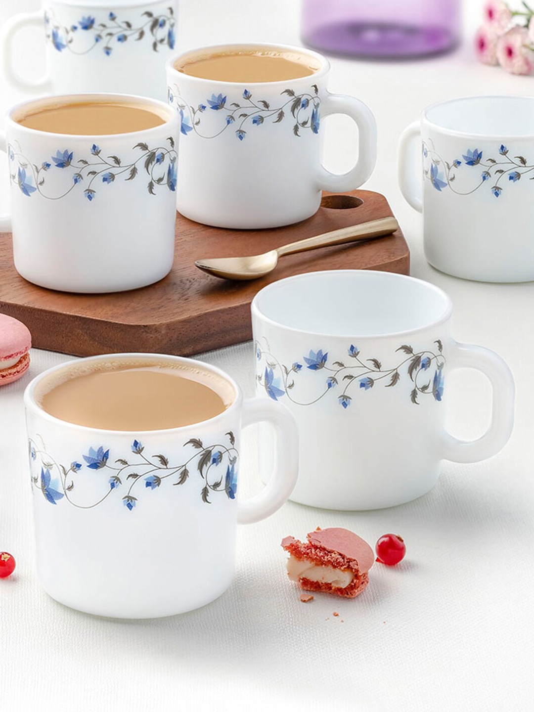 

Larah by BOROSIL Set Of 6 White & Blue Floral Printed Opalware Glossy Mugs