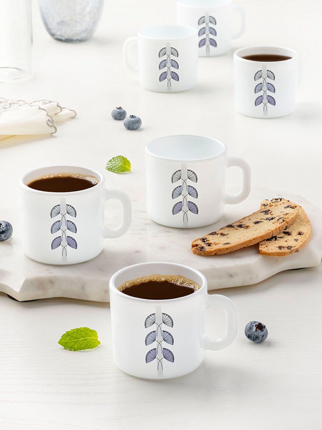 

Larah by BOROSIL Set Of 6 White & Blue Printed Opalware Glossy Mugs