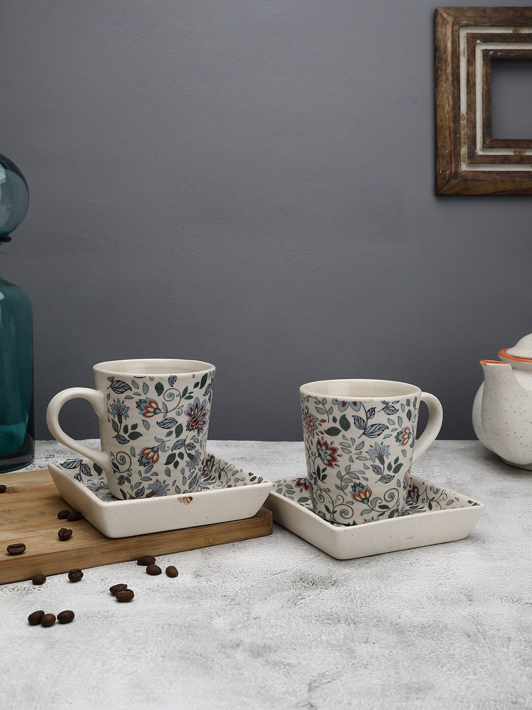 

MIAH Decor 4 Pcs Mug & Platter Set, Off white