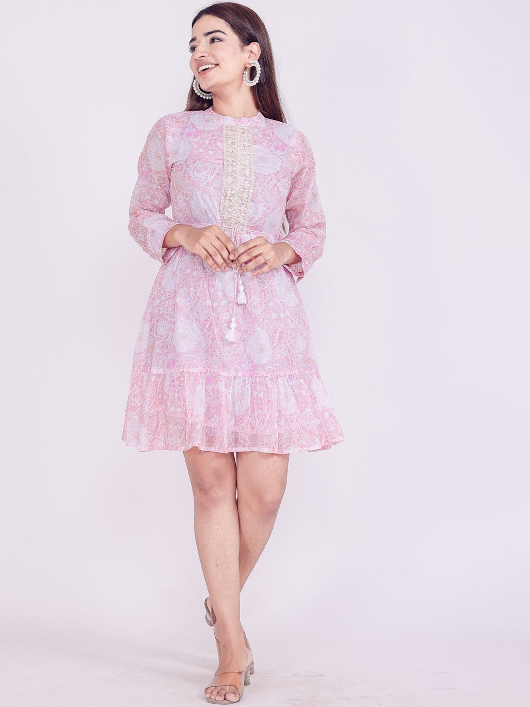 

FASHION DWAR Pink & White Floral Fit and Flare Mini Dress